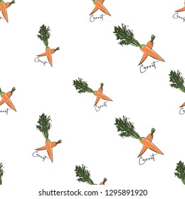 Vegan food seamless pattern with carrot. Eco vegetarian meal design. Digital watercolor illustration on white background. Hand drawn outline illustration with fill color.