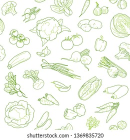 Vegan food seamless pattern design template, sketched style. Vector