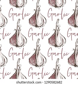 Vegan food seamless pattern with garlic. Digital watercolor illustration on white background. Hand drawn outline illustration with fill color. Eco vegetarian meal design. 
