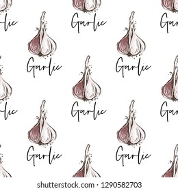 Vegan food seamless pattern with garlic. Digital watercolor illustration on white background. Hand drawn outline illustration with fill color. Eco vegetarian meal design. 