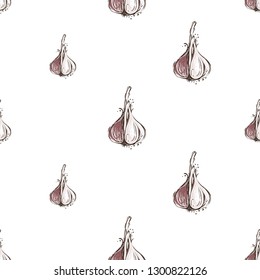 Vegan food seamless pattern with garlic. Digital watercolor illustration on white background. Hand drawn outline illustration with fill color. Eco vegetarian meal design. 