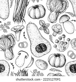 Vegan food seamless pattern. Hand drawn vector illustration. Menu design template. Vegan food sketch. Product design. Great for packaging, recipe book, menu. Vegetarian food sketch.