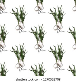 Vegan food seamless pattern with onion. Eco vegetarian meal design. Digital watercolor illustration on white background. Hand drawn outline illustration with fill color.