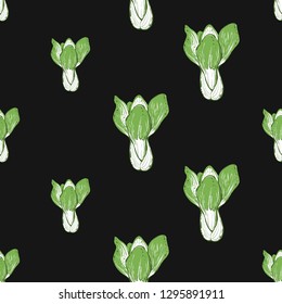 Vegan food seamless pattern with pak choi cabbage. Digital watercolor illustration on black background. Eco vegetarian meal design. Hand drawn outline illustration with fill color.