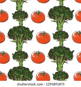 Vegan food seamless pattern with tomato and broccoli. Digital watercolor illustration on white background. Eco vegetarian meal design. Hand drawn outline illustration with fill color.