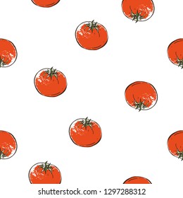 Vegan food seamless pattern with tomato. Eco vegetarian meal design. Digital watercolor illustration on white background. Hand drawn outline illustration with fill color.