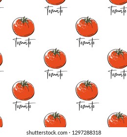 Vegan food seamless pattern with tomato. Eco vegetarian meal design. Digital watercolor illustration on white background. Hand drawn outline illustration with fill color.