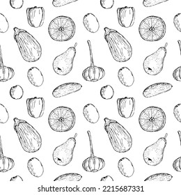 Vegan food seamless pattern vegetables and fruit vector illustration, hand drawing