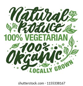 Vegan food, set of badges, emblems and stamps vector. Natural Product, 100% Orgabic logos and elements collection for food market, products promotion. Hand typography isolated on white background. 