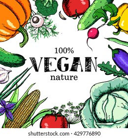 Vegan food. Set of vegetables. Farm meal. Poster. Menu