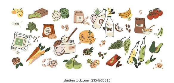 Vegan food set. Vegetarian nutrition, veggie diet, healthy meal. Organic products for cooking: soya, coconut and olive milk and oil, vegetables, seed, grain. Flat isolated vector illustration on white