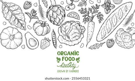 Vegan food sketch. Organic food set. Healthy food frame vector illustration. Vegetables and fruits sketch. Hand drawn vector illustration.