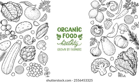 Vegan food sketch. Organic food set. Healthy food frame vector illustration. Vegetables and fruits sketch. Hand drawn vector illustration.