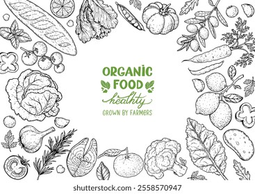 Vegan food sketch. Organic food set. Healthy food frame vector illustration. Vegetables and fruits sketch. Hand drawn vector illustration.