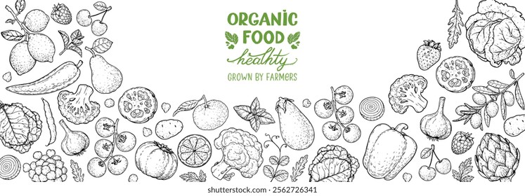 Vegan food sketch. Organic food set. Healthy food frame vector illustration. Vegetables and fruits sketch. Hand drawn vector illustration.	