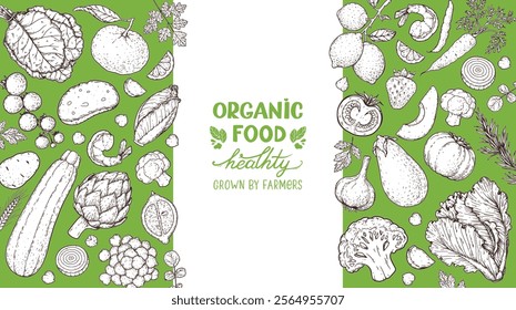 Vegan food sketch. Organic food set. Healthy food frame vector illustration. Vegetables and fruits sketch. Hand drawn vector illustration.