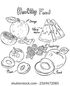 Vegan food sketch. Organic food set. Healthy food frame vector illustration. Fruits sketch. Hand drawn vector illustration.