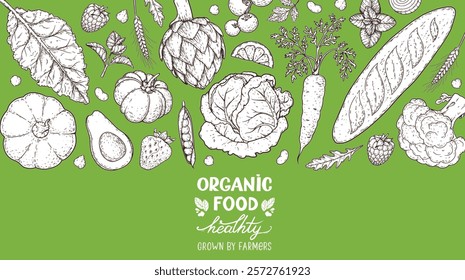 Vegan food sketch. Organic food set. Healthy food frame vector illustration. Vegetables and fruits sketch. Hand drawn vector illustration.