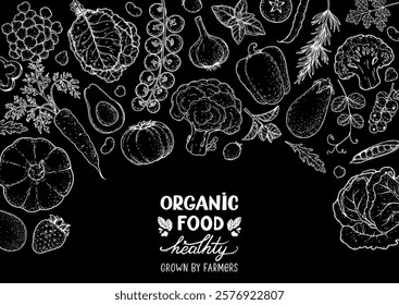 Vegan food sketch. Organic food set. Healthy food frame vector illustration. Vegetables and fruits sketch. Hand drawn vector illustration.