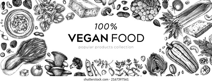 La comida vegana esbozó el fondo. Plantilla de banner de comida saludable. Marco de cocina de Oriente Medio. Comidas veganas a mano e ingredientes para el menú, la receta, el diseño de envases. Ilustración de comida vegana