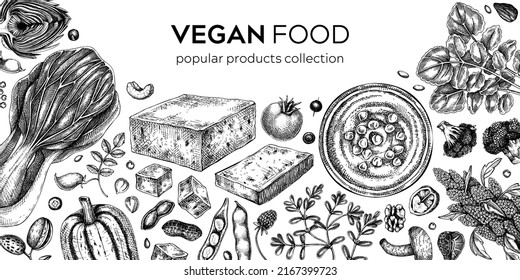 Vegan food sketched background. Healthy food banner template. Middle eastern cuisine frame. Hand drawn vegan meals and ingredients for menu, recipe, packaging design. Vegan food illustration