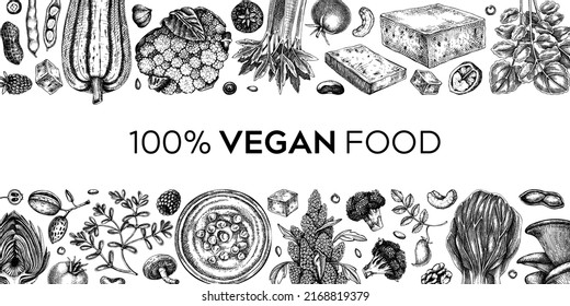 Vegan food sketched background. Healthy food banner template. Middle eastern cuisine frame. Hand-drawn vegan meals and ingredients for menu, recipe, and packaging design. Vegan food illustration