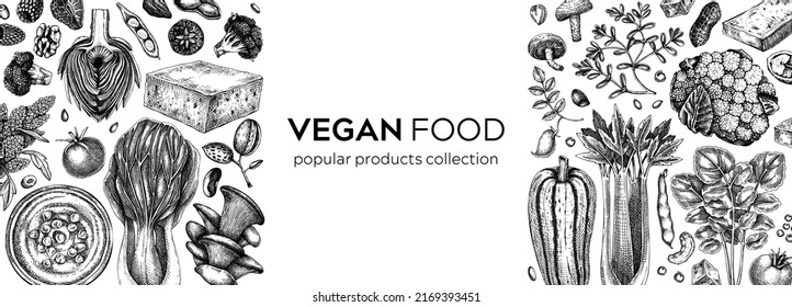 Vegan food sketched background. Middle eastern cuisine frame. Healthy food banner template. Hand-drawn vegan meals and ingredients for menu, recipe, and packaging design. Vegan food illustration