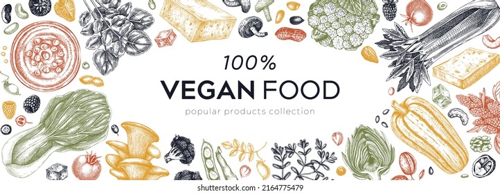 Vegan food sketched banner. Healthy food banner template. Middle eastern cuisine frame. Hand drawn vegan meals and ingredients for menu, recipe, packaging design. Vegan food sketches in color