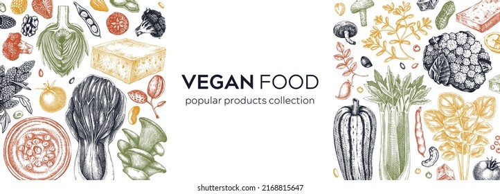 Vegan food sketched banner. Healthy food banner template. Middle eastern cuisine frame. Hand-drawn vegan meals and ingredients for menu, recipe, and packaging design. Vegan food sketches in color