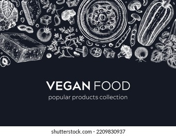 Vegan food sketched banner. Healthy food template on chalkboard. Middle eastern cuisine background. Hand-drawn vegan meals and ingredients for menu, recipe, and packaging design. Vegan food sketches