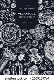 Vegan Food Sketched Banner On Chalkboard. Healthy Food Cover Template. Middle Eastern Cuisine Flyer. Hand-drawn Vegan Meals And Ingredients For Menu, Recipe, And Packaging Design. Vegan Food Sketches