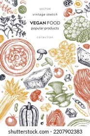 Tarjeta de bocetos de comida vegana. Plantilla de banner de comida saludable. La cocina de Oriente Medio está cubierta. Comidas veganas a mano e ingredientes para el diseño de menús, recetas y envases. Esbozos de comida vegana en color