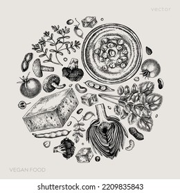 Composición de bocetos de comida vegana. Plantilla de banner de comida saludable. Carta de cocina de Oriente Medio. Comidas veganas a mano e ingredientes para el diseño de menús, recetas y envases. Comida esboza un estilo vintage