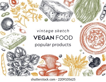 Vegan food sketched frame. Healthy food banner template. Middle eastern cuisine background. Hand-drawn vegan meals and ingredients for menu, recipe, and packaging design. Vegan food sketches in color