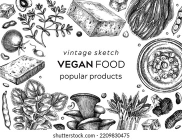 Vegan food sketched frame. Healthy food banner template. Middle eastern cuisine background. Hand-drawn vegan meals and ingredients for menu, recipe, and packaging design. Vegan food sketches