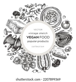 Comida vegana esbozada por corona. Plantilla de banner de comida saludable. Carta de cocina de Oriente Medio. Comidas veganas a mano e ingredientes para el diseño de menús, recetas y vintage de envases. Esbozos de comida vegana 