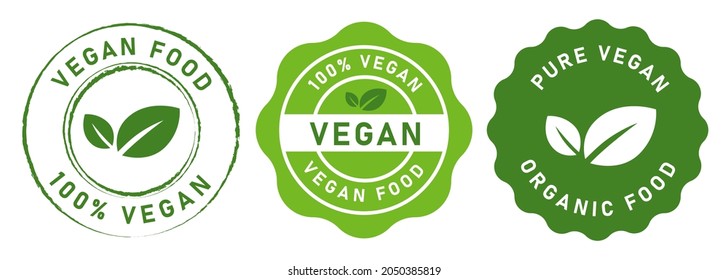 vegan food stamp label for vegetarian green leaf circle seal sticker vector graphic isolated set