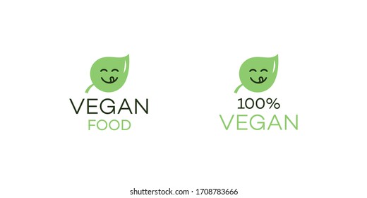 Veganisches Lebensmittelsymbol mit grünem Blatt und Emoji-Symbol. Flaches Design, einfach zu bedienen für Ihre Marke oder Ihr Produkt.