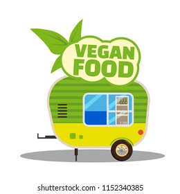 Vegan food, a trailer, cart. Healthy food. Delivery of fast food. A fast food trailer on a white background. Cartoon style, vector, isolated