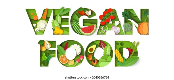 Vegan Food Typography Vector Banner Template. Creative Composition Of Paper Cut Fresh Vegetables, Sweet Watermelon, Apple, Pear And Tropical Fruits. Healthy Diet, Organic Nutrition.