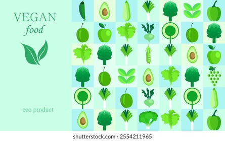 Vegan food vector background. Eco food, Minimalism style. Vector illustration healthy food, cabbage, zucchini, onion, apple, grape. Mosaic ornament in flat style.70s,