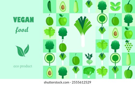 Vegan food vector background. Eco food, Minimalism style. Vector illustration healthy food, cabbage, zucchini, onion, apple, grape. Mosaic ornament in flat style.70s.