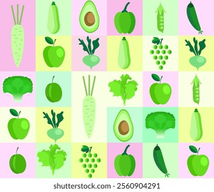 .Vegan food vector background. Eco food, Minimalism style. Vector illustration healthy food, cabbage, zucchini, onion, apple, grape. Mosaic ornament in flat style.70s,