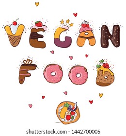Vegan food. Vector banner design with text and colorful elements in white background. Vector illustration.