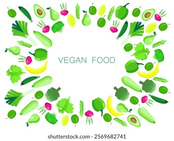 Vegan food vector banner. Eco vegetables and fruit, avocado, cucumber, onion , broccoli, pear. Farm market background. Package template.