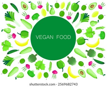 Vegan food vector banner. Eco vegetables and fruit, avocado, cucumber, onion , broccoli, pear. Farm market background. Package template.