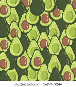Vegan food vector icons. Print, texture, healthy eating. Wrapping paper or fabric. Seamless avocado pattern, avocado slices.