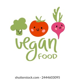 VEGAN FOOD. Vector logo design template with vegetables icons. Broccoli, tomatoes, radishes, beets. Abstract emblem for organic shop, healthy food store or vegetarian cafe. Vector illustration