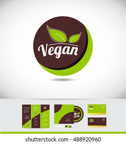 Vegan food vector logo icon design badge corporate identity set cd brochure business card green leaf sicker hand written writing   