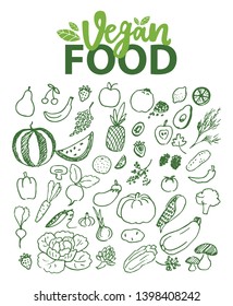 Vegan food vector, watermelon and banana, cherry and pear, strawberry and aubergine, radish and beetroot, tomato and broccoli, pineapple and grapes. Vegetarian fruits and vegetables